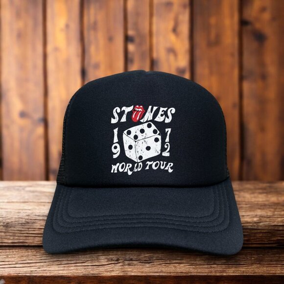 Rolling Stones 1972 World Tour Mens Trucker Hat Black Mick Jagger Rock N Roll - Picture 1 of 4